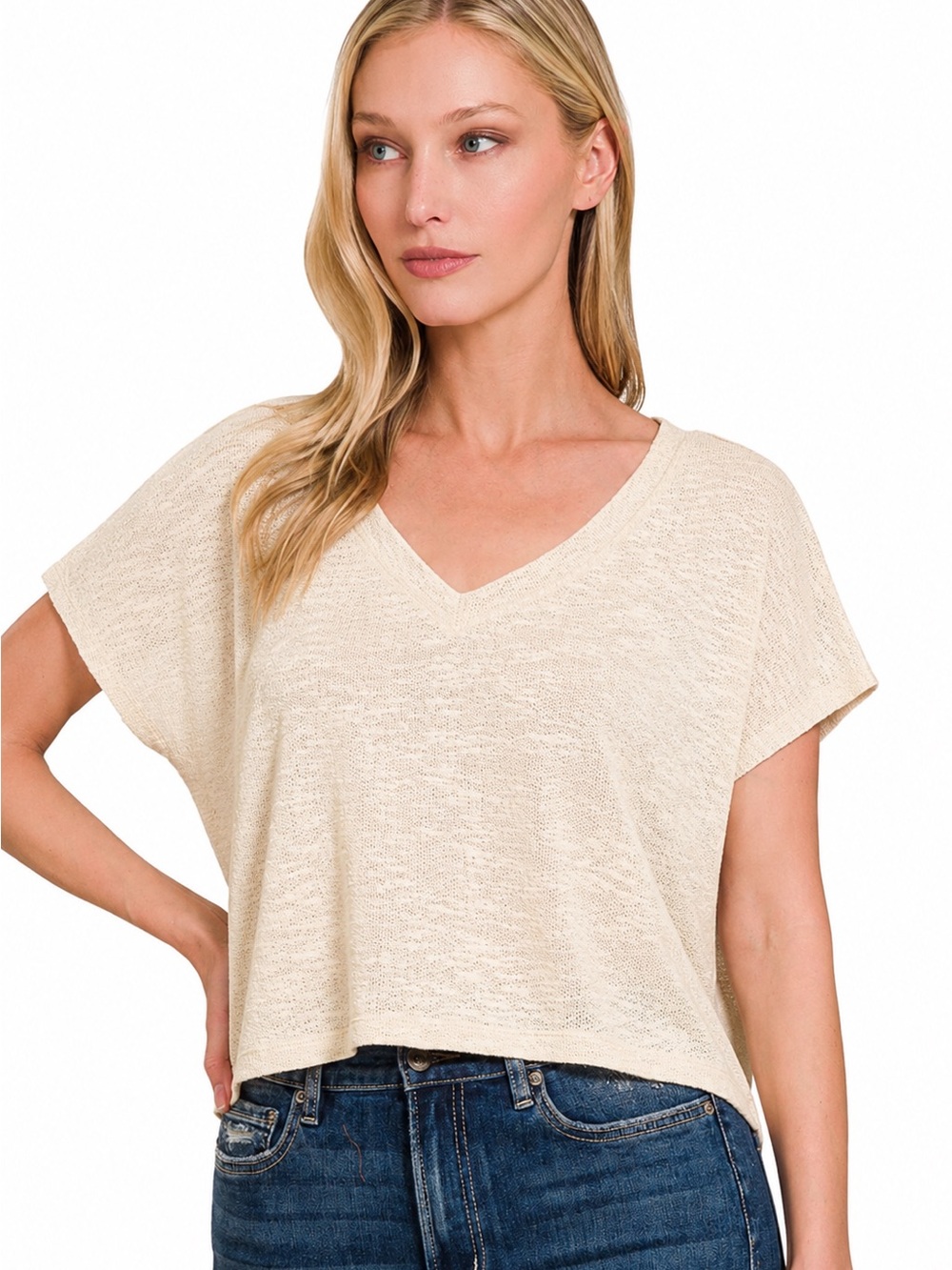 Zenana Hacci Slub V-Neck Drop Shoulder Crop Top L